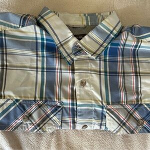 Eddie Bauer Blue, Grey & Cream Plaid Short Sleeve Lightweight Shirt